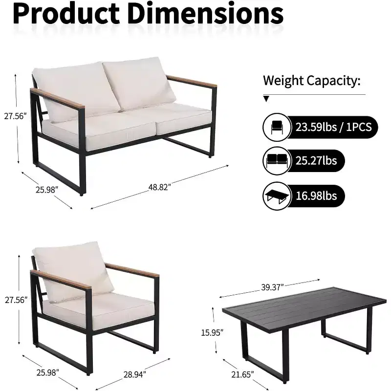 4-Piece Metal Patio Furniture Set | All Weather Outdoor Conversation Set with Thick Cushions and Coffee Table | Ideal for Backyard,Balcony,Courtyard