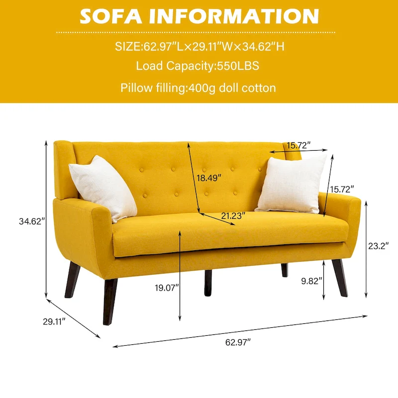 Tufted Linen/Cotton 2-Seater Sofa with Pillows