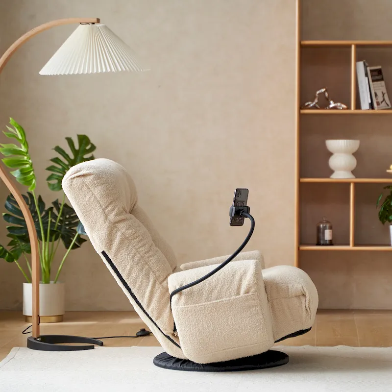 Upholstered 360 Swivel Manual Leisure Recliner with Mobile Phone Holder, Adjustable Headrest and Backrest