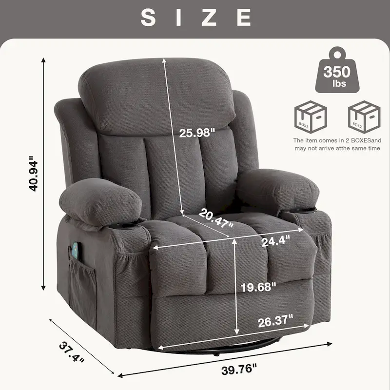 Dotted Velvet Massage Heated Manual Recliner Chair w/360 Swivel Base