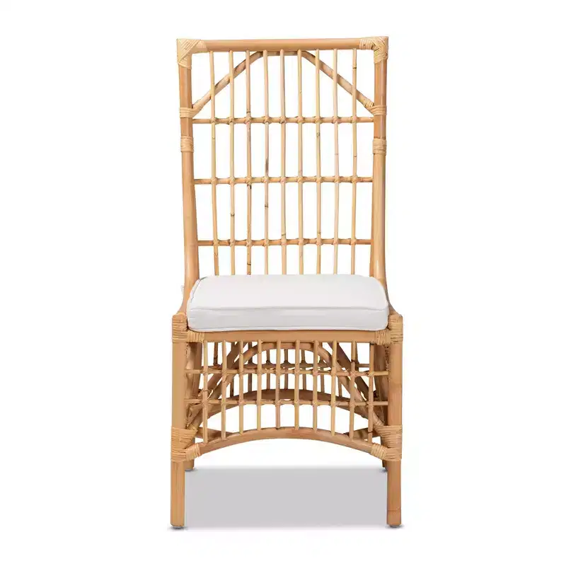 Fabric Upholstered and Rattan Dining Chair White/Natural: Cotton-Polyester Blend, Bohemian Style, No Assembly Required