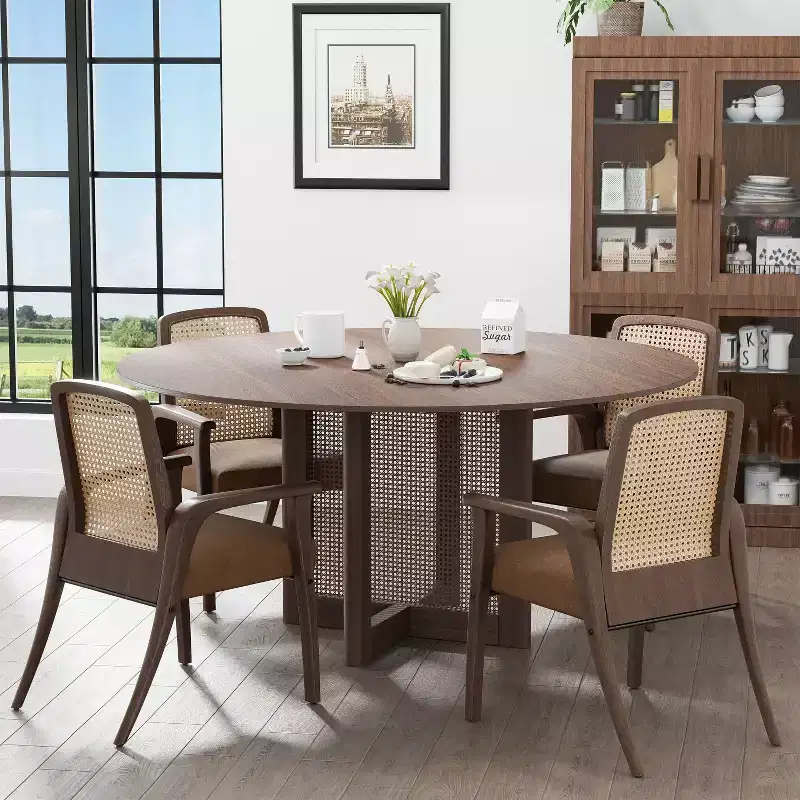 PexFix 60 x 60 Farmhouse Kitchen Dining Room Table Furniture Round Walnut Kitchen Table with Rattan Woven Legs for Kitchen Bar Living Room