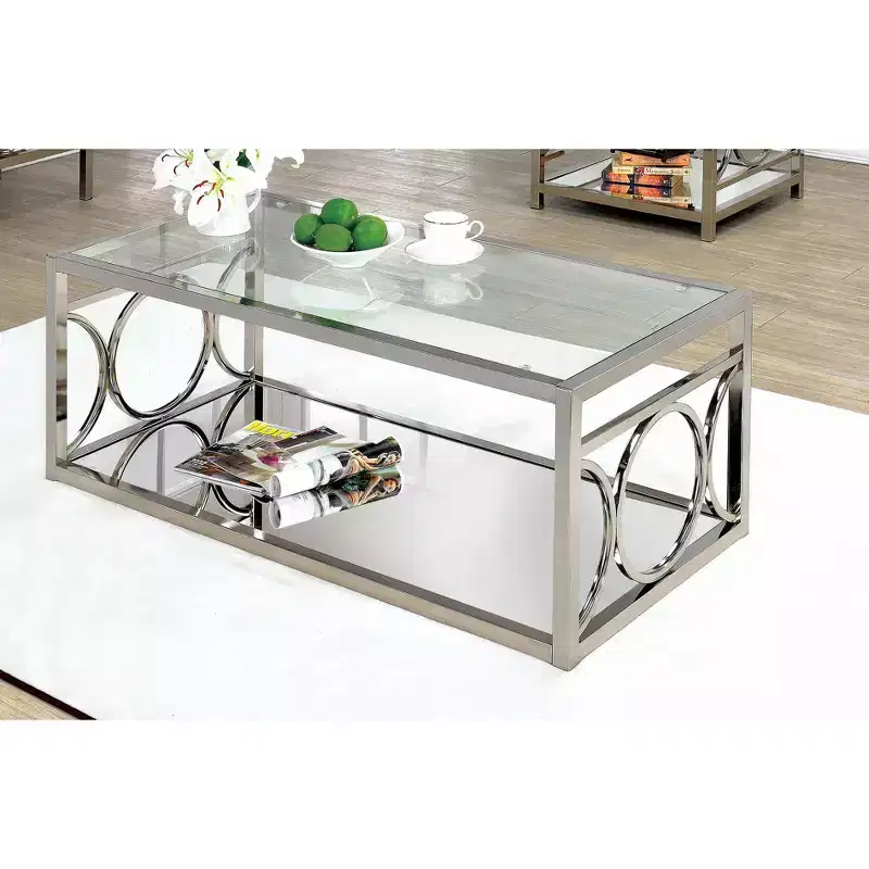 Coffee Table Chrome: Contemporary Silver Metal Frame, Clear Tempered Glass, Storage Shelf, 4-Point Base