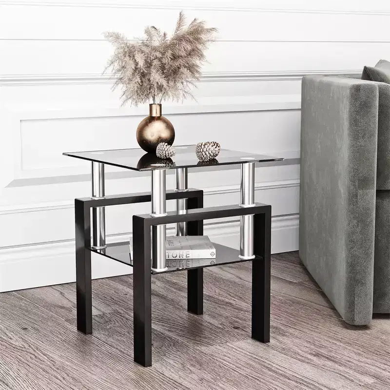 2-Tier Square Glass Coffee Table with Storage Shelf, Modern Living Room or Office Tea Table