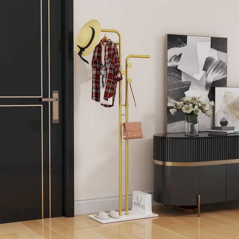Gold & White Freestanding Coat Rack with Granite Base, 5 Hooks, Single