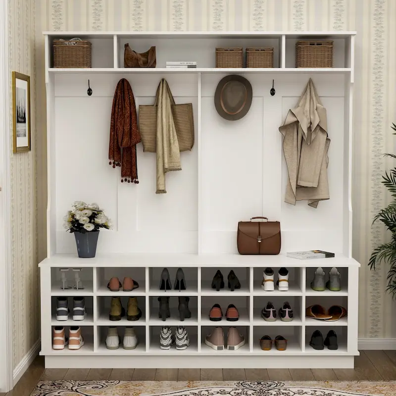 63W 18 Shoe Cubbies Wide Hall Tree With Hooks