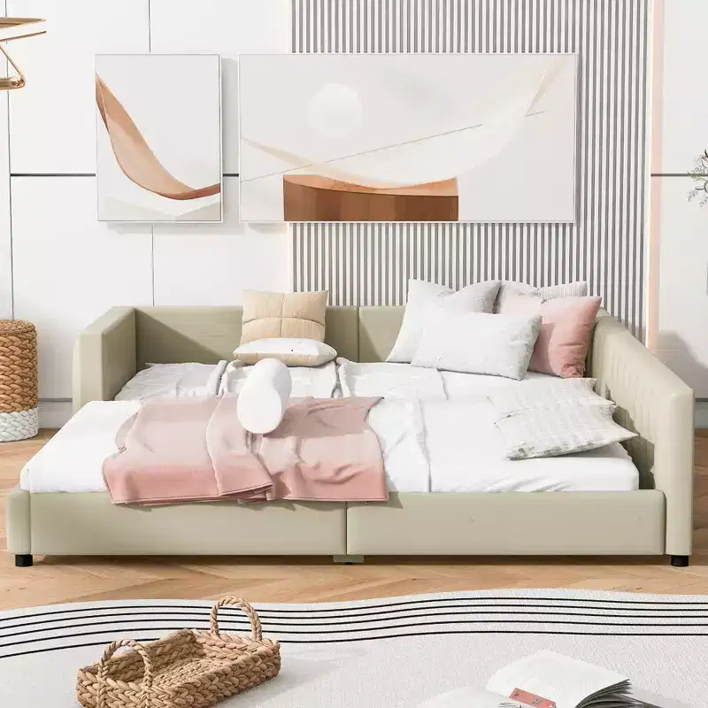 Wooden Mother & Child Bed Frame Queen and Twin XL Size Daybed, PU Leather Upholstered Grounded Platform Bed