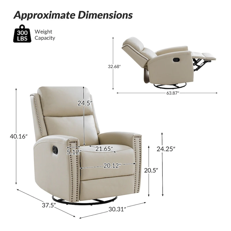 Fiacro 30.31Wide Modern Genuine Leather Wingback Swivel Rocker Recliner with Nailhead Trims, Set of 2