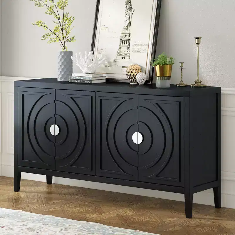 MAYEERTY Retro Sideboard Door with Circular Groove Design Round Metal Door Handle for Entrance Dining Room Black