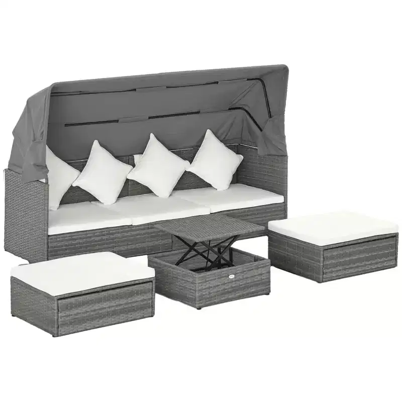 Outsunny 4 Piece Adjustable Canopy Outdoor Rattan Sofa Set, Wicker Patio Furniture Set with Height Adjustable Coffee Table & Cushions
