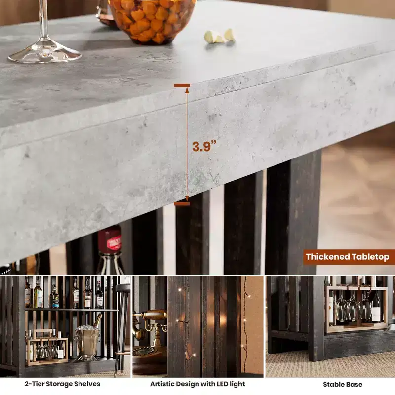 COZONY 63 Counter Height Pub Table, 2-Tier Storage Shelves, Modern Industrial Gray & Walnut
