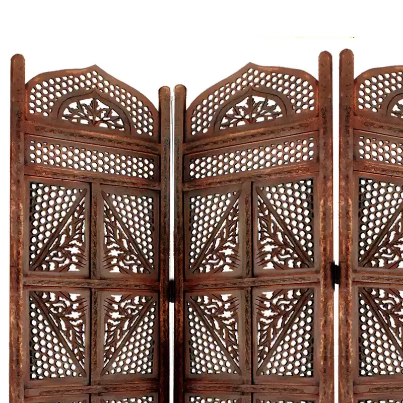 Benzara Traditional Four Panel Wooden Room Divider with Hand Carved Details Antique Brown