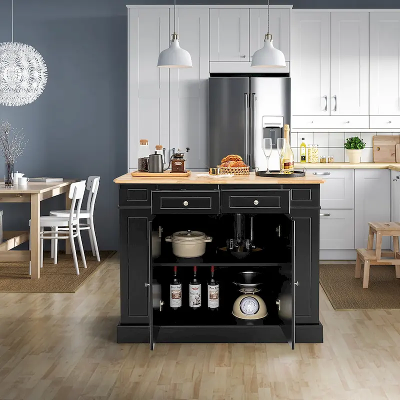 Gymax Large Kitchen Island Drop Leaf Breakfast Bar w/ Wood Top Shelves