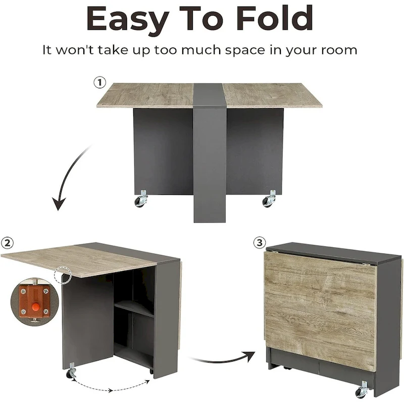 Folding Dining Table with 6 Wheels Drop Leaf Tables