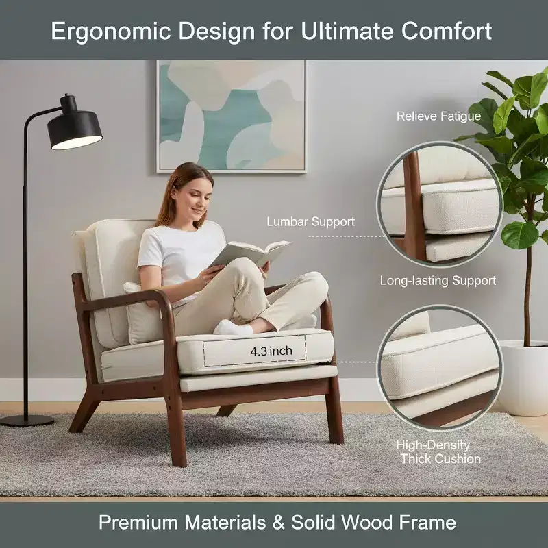Mid-Century Modern Lounge Chair with Arms, Cream, Solid Wood Frame & Waist Cushion