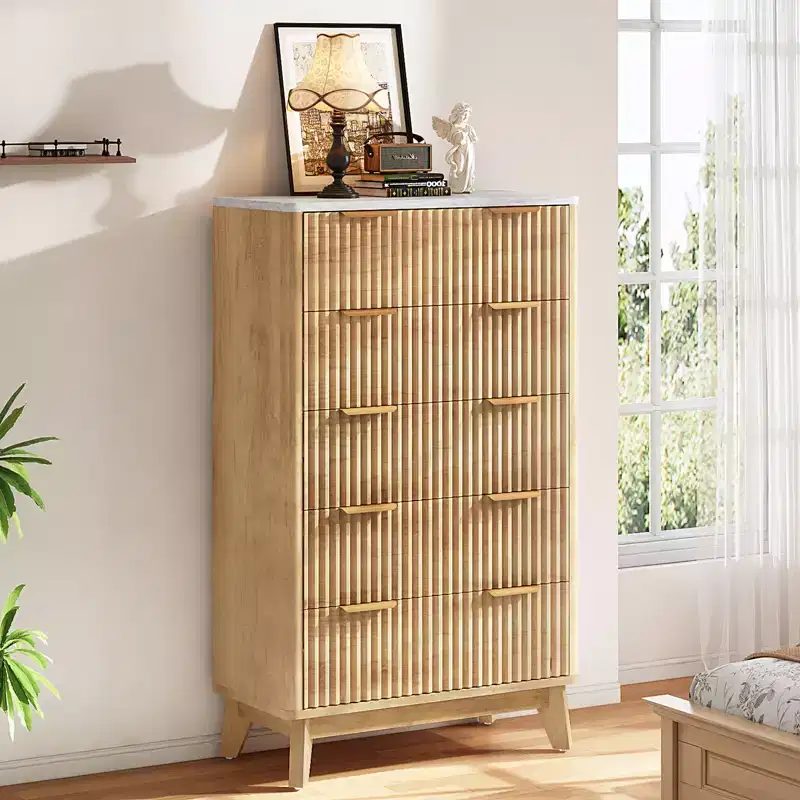 Fluted Drawer Dresser with Faux Marble Top, Wide Chest for Bedroom & Hallway