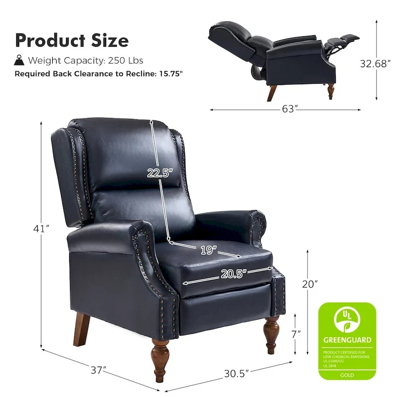 Traditional Vegan Leather Manual Push-Back Recliner, Padded Armrests, Solid Wood Legs, Living Room