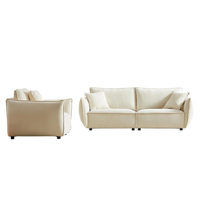 2-Pieces Linen Fabric 4-Seat Modular Sofa Set with 3+1 Seater Combo and Wooden Frame & 3 Pillows
