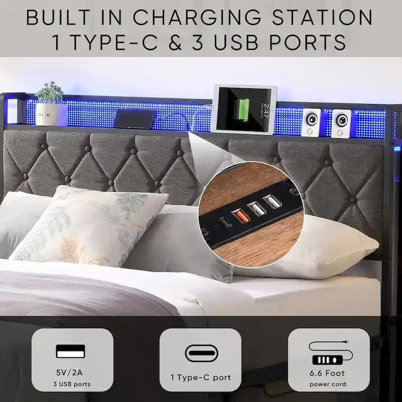 Grey Full Bed with Storage & LED