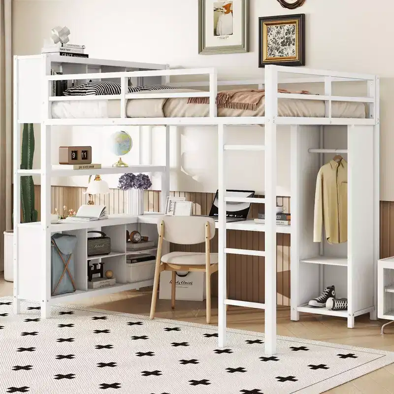 Okak Full Size Loft Bed with Wardrobe & L-Shaped Desk,Heavy Duty Metal Bunk Beds with Storage Shelves,Modern Loft Beds for Teens & Adults