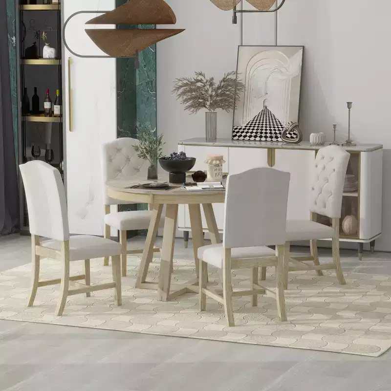 Whisen Retro Style 5-Piece Extendable Dining Set with 4-Botton Tufted Upholstered Chairs