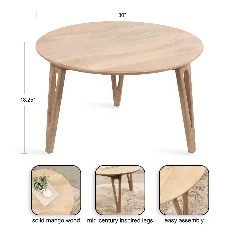Round Mango Wood Coffee Table with Hairpin Legs