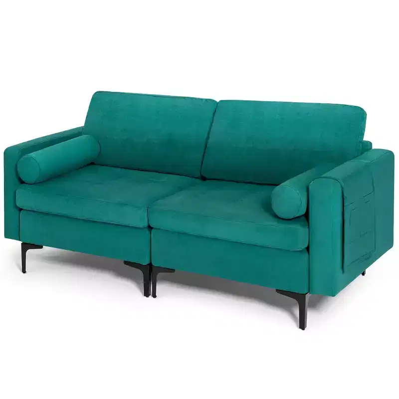 Modern Loveseat 2-Seat Sofa Couch w/ 2 Bolsters Side Storage Pocket Teal