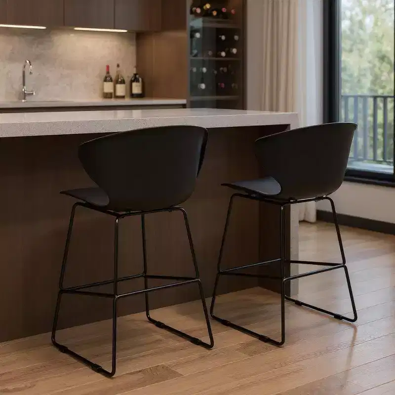 HomeRoots Set of Two 30 Black Heavy Duty Plastic and Metal Low Back Bar Height Bar Chairs