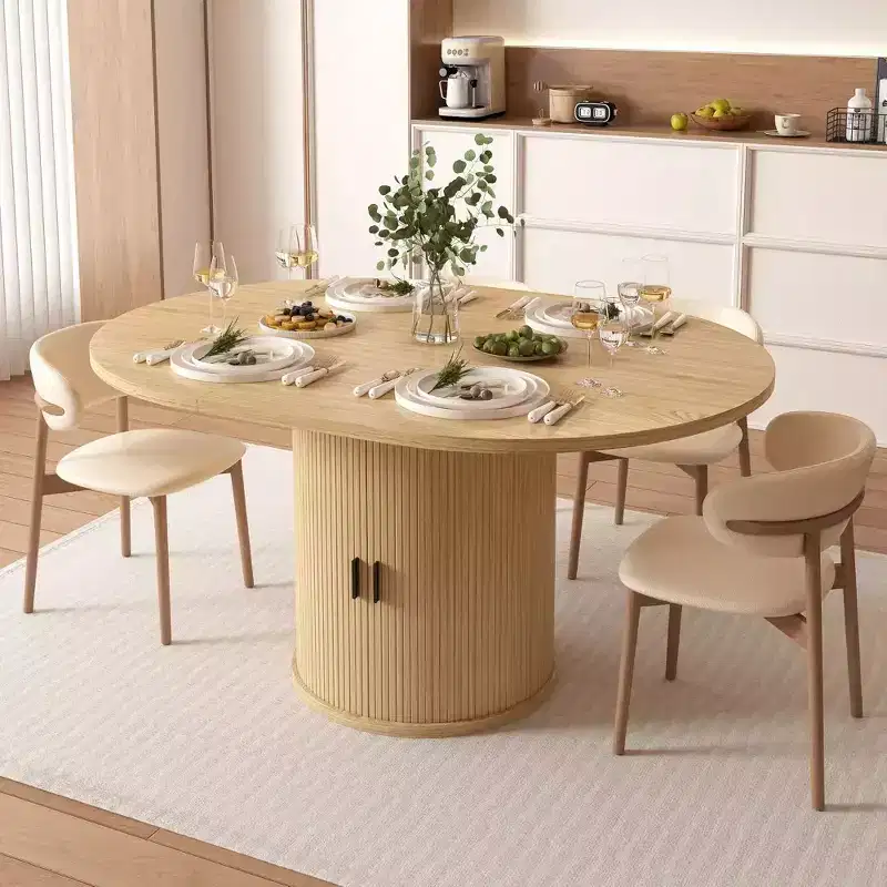 Dyonery 63 Extendable Round Kitchen Dining Room Table with 2-Tier Storage Shelf, with Pedestal Base, Wood Oval Circle Dinner Furniture, Walnut