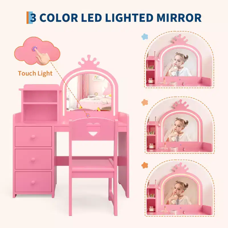 Kids Vanity Desk with Mirror and Lights, Princess Wooden Makeup Vanity with Chair, Storage Shelves and Drawers