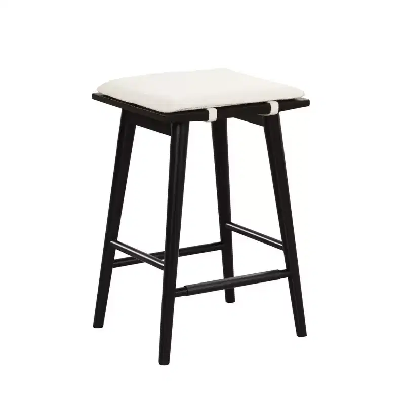 Wood and Boucle Counter Height Barstool Black: Linen Upholstered, 24.8" Tall