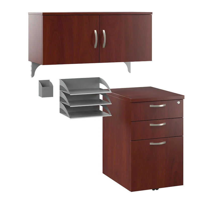 Cherry/White 4-Piece Office Storage Set – Cabinet, Mobile File Cabinet & Desk Organizers, 1-Person