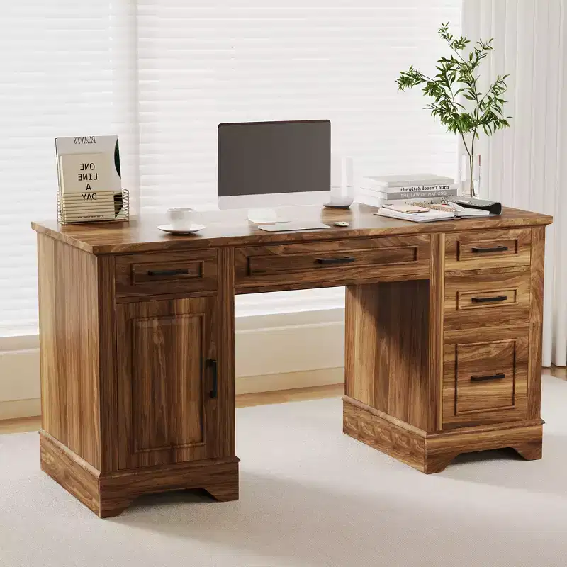 Garvee 58 Fluted Executive Desk, Home Office Desk with Keyboard Tray, 5 Embossed Texture Drawers & Storage Cabinet, Farmhouse Desk for Home Office