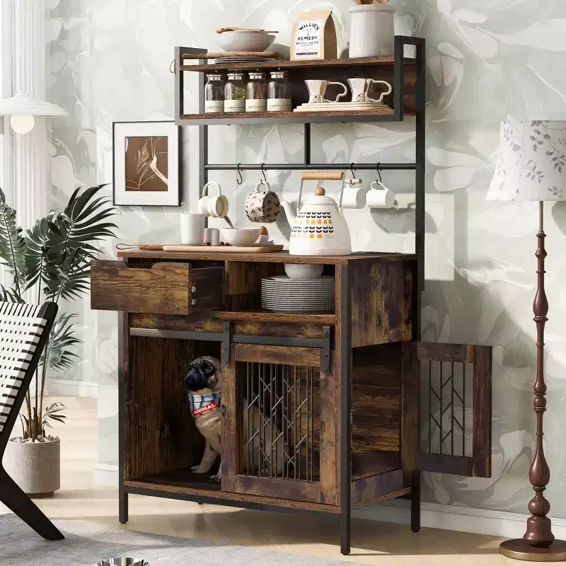 2 IN 1 Freestanding Storage Cabinet Hutch Kitchen Cabinet Dog Crate Dog Kennel for Small-sized Dogs up to 40lbs, Rustic Brown - ModernLuxe