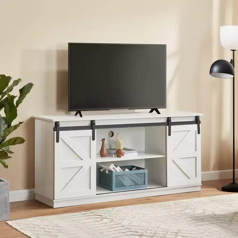 FurnitureR 58 Farmhouse TV Stand with Sliding Barn Doors, Media Console with Adjustable Shelves & Cable Management for Living Room