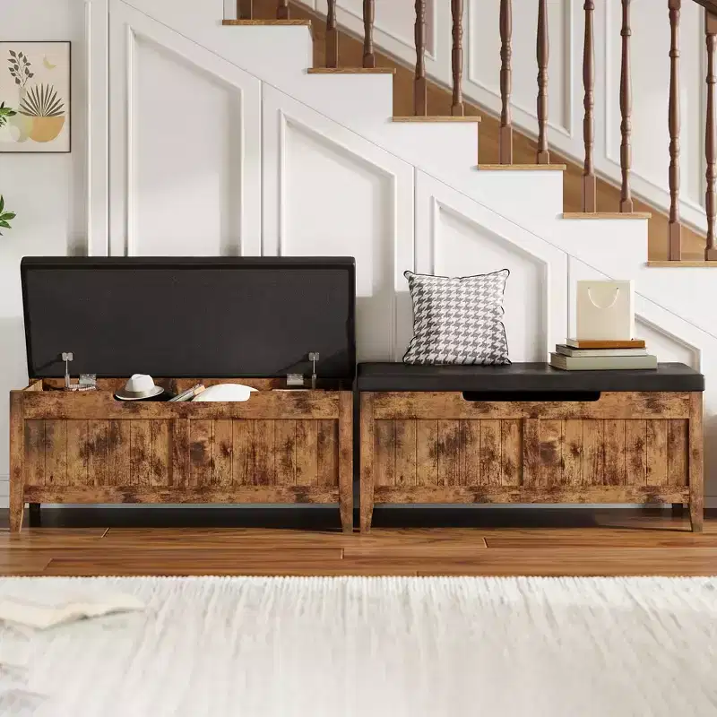 GustoWave Storage Bench, 39.4 Wooden Chest Storage Box with 2 Safety Hinges, Entryway Benches with Flip-Top, Large Trunk for Living Room, Bedroom