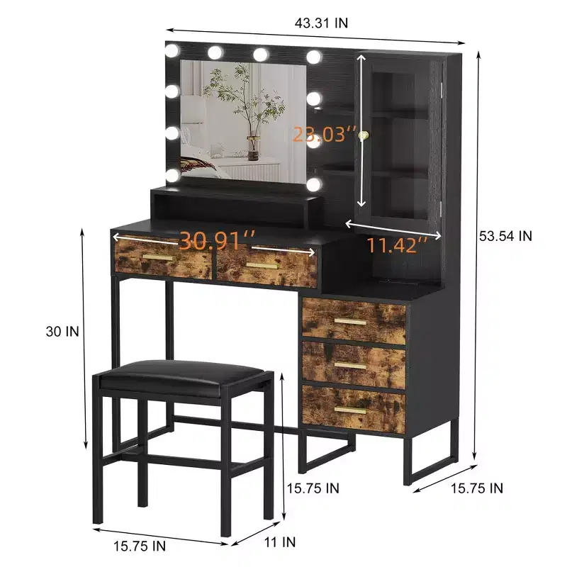 GustoWave Makeup Vanity with Upholstered Stool, Vanity Desk with Mirror and Lights, Vanity Table Set with Storage & 5 Drawers