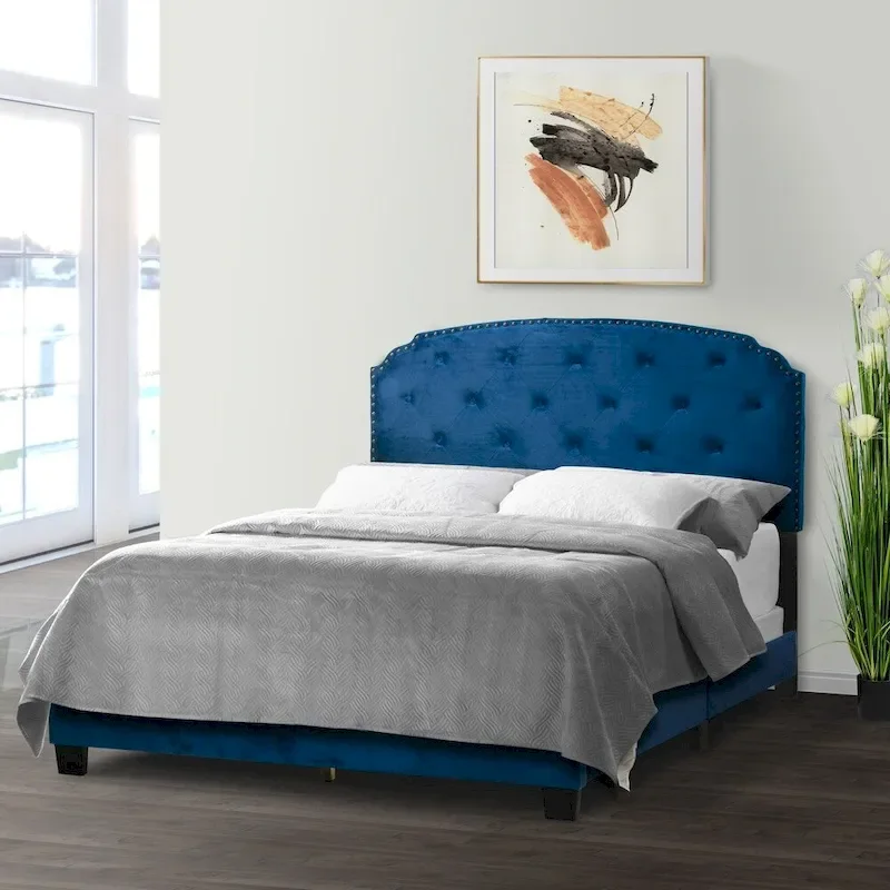 Navy Blue Velvet Queen Bed with Button Tufting and Nailhead Trim