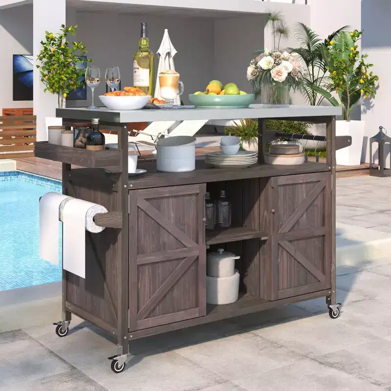 Okak Outdoor Kitchen Island with Steel Grill Top & Rack,Solid Wood Bar Cart with Lockable Wheels,Outside Storage Cabinet for Yard,Barbecue