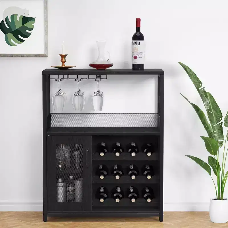Coffee Wine Bar Cabinet with Storage and Detachable Rack, Farmhouse Sideboard and Buffet Cabinet with Glass Holder and Mesh Door