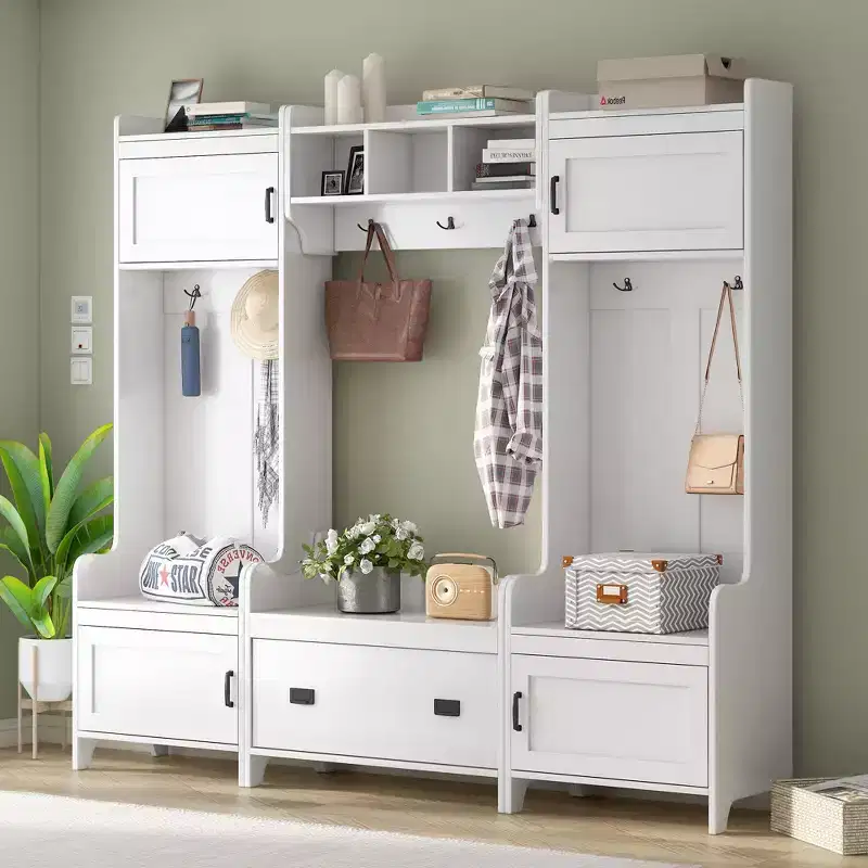 4-in-1 Hallway Hall Tree with 7 Hooks, Storage Bench & Cabinets – White