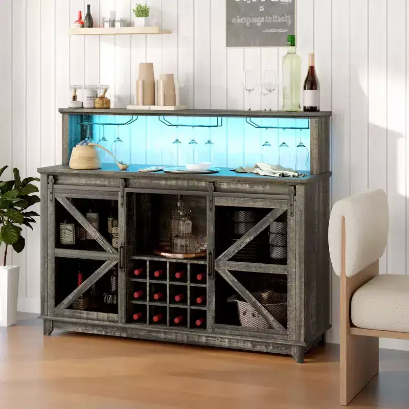 HOMCOM Farmhouse Coffee Bar Cabinet with LED Lights and Sliding Barn Doors, 55 Wine Bar Cabinet with Wine Racks and Glass Holder