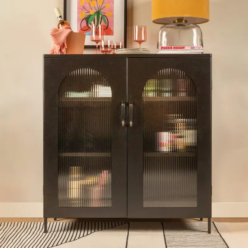 Metal Cabinet with 2 Arched Striated Glass Doors – Dark Green / Black, Modern Vintage Style, Single
