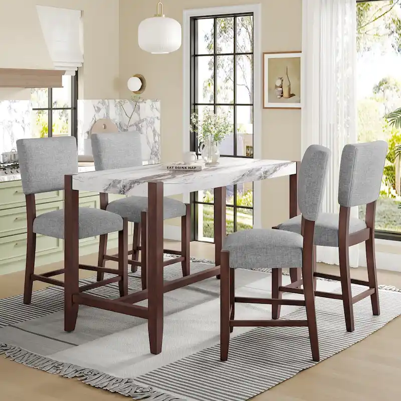Mid Century Modern Bar Stools Set of 4,Counter Stools with Back,Linen Upholstered Barstools with Solid Wood Legs Bar Chairs