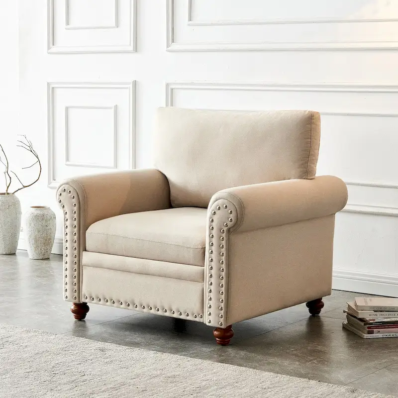 Linen Fabric Upholstered Sofa with Storage, 3-Seater Couch with Solid Wood Frame, Round Arms, and Removable Cushion Cover