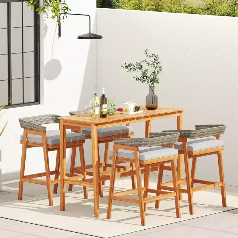 Costway 5 PCS Patio Counter Height Bar Set with 4 Cushioned Barstools Curved Rattan Back