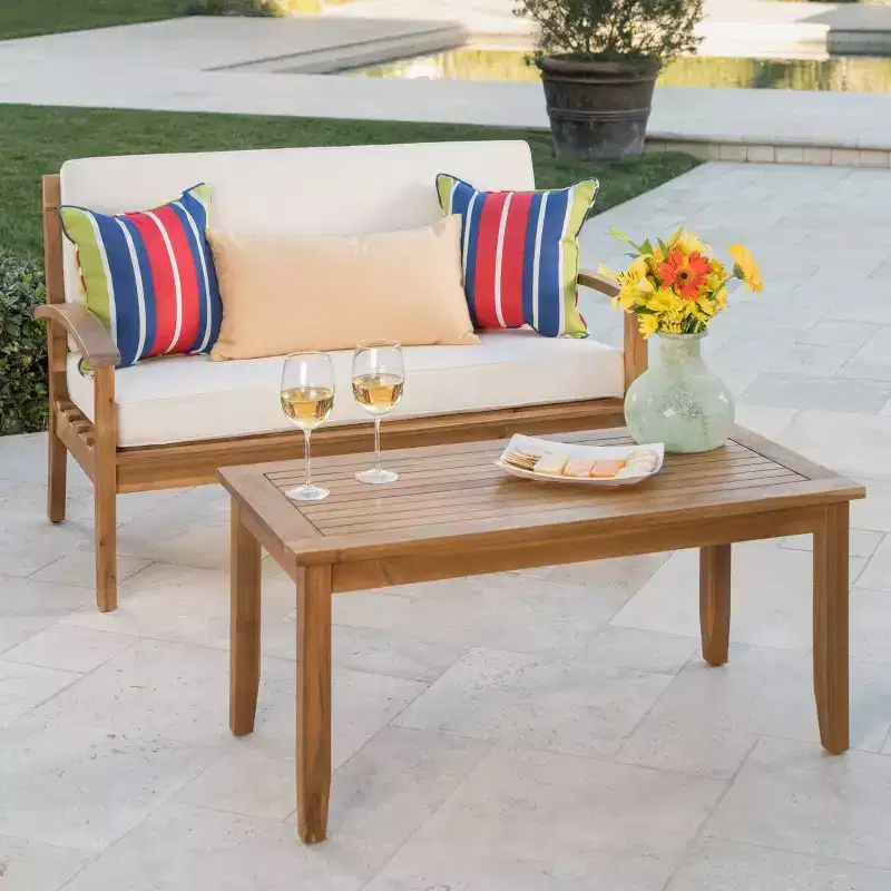Peyton 2pc Acacia Wood Loveseat and Coffee Table Set - Teak/Beige - Christopher Knight Home