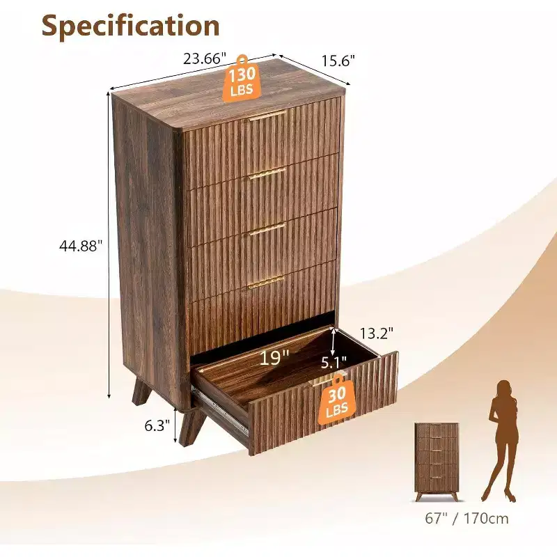 Fluted Tall Dresser 5 Drawer, 23.66 W Chest of Drawers, Walnut Wood Dresser for Bedroom Mid Century Modern