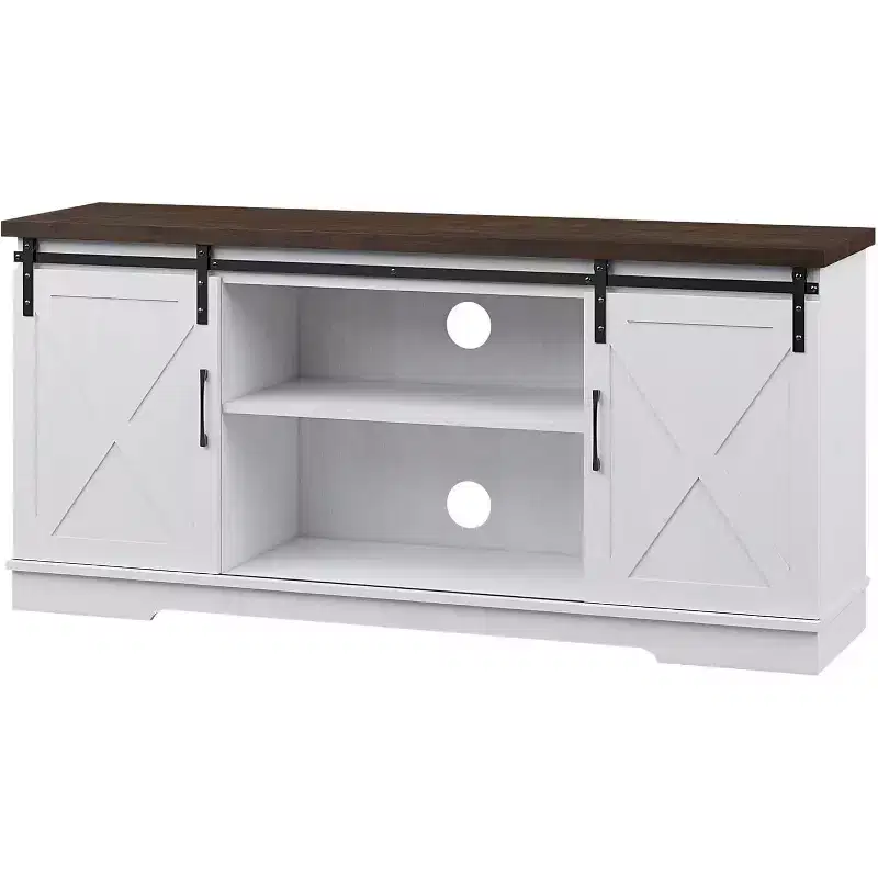 Farmhouse TV Stand for Televisions up to 65 Inches, Entertainment Center with Sliding Barn Doors, Storage CabinetsAdjustable, White & Brown