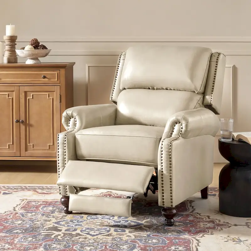 Gabriela Mid-Century Modern Genuine Leather Recliner with Tapered Block Feet by HULALA HOME